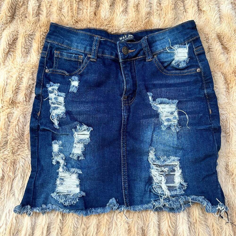 Wax Jean Blue Denim Mini Skirt Distressed Ripped Frayed Hem Womens JR Size S